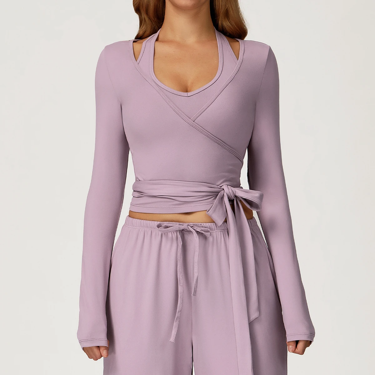 EWT3058 Long Sleeve Deep V-neck Yoga Top One-piece Wrap Breathable Training Running Sports Top for Women