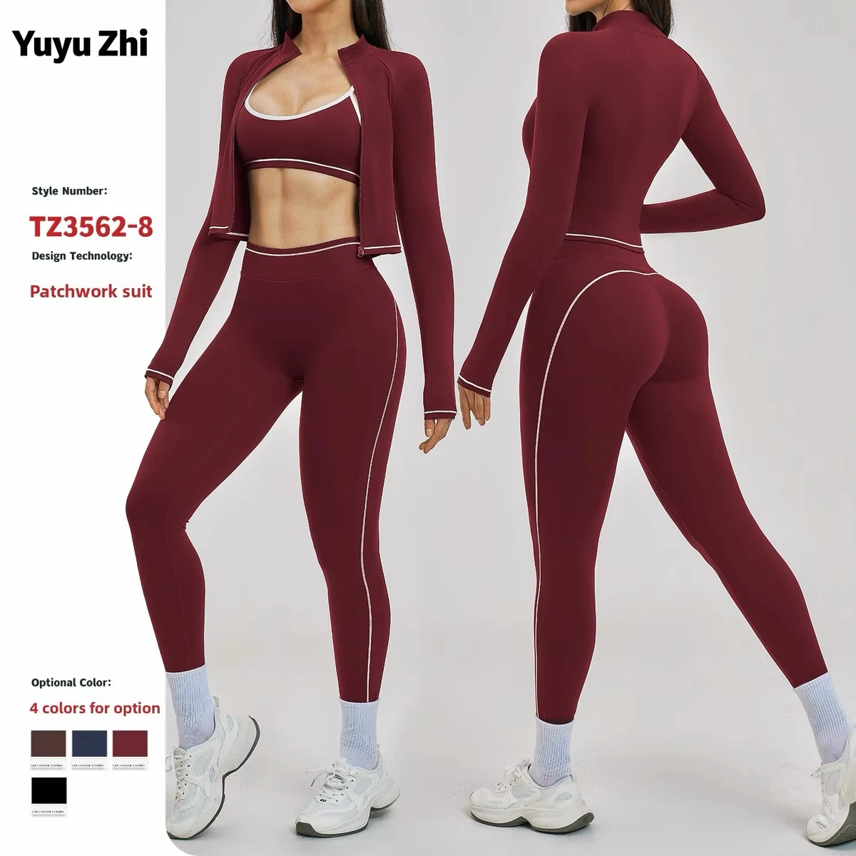 Women's Cross-border Color-Blocking Yoga Fitness Three-Piece Set Zipper Windproof Slim-Fit Outdoor Running Sports Suit