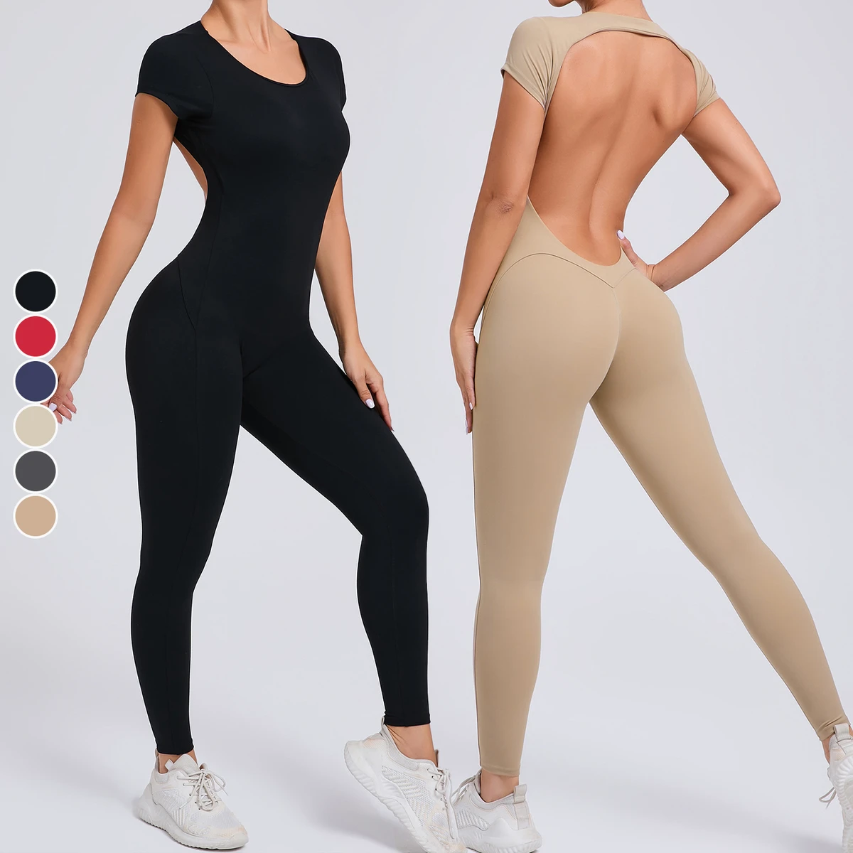 New Tight Quick Drying Yoga Jumpsuit One Piece Yoga Suit Short-Sleeved Hollow Out Backless Hip-Lifting Sports Fitness Bodysuit