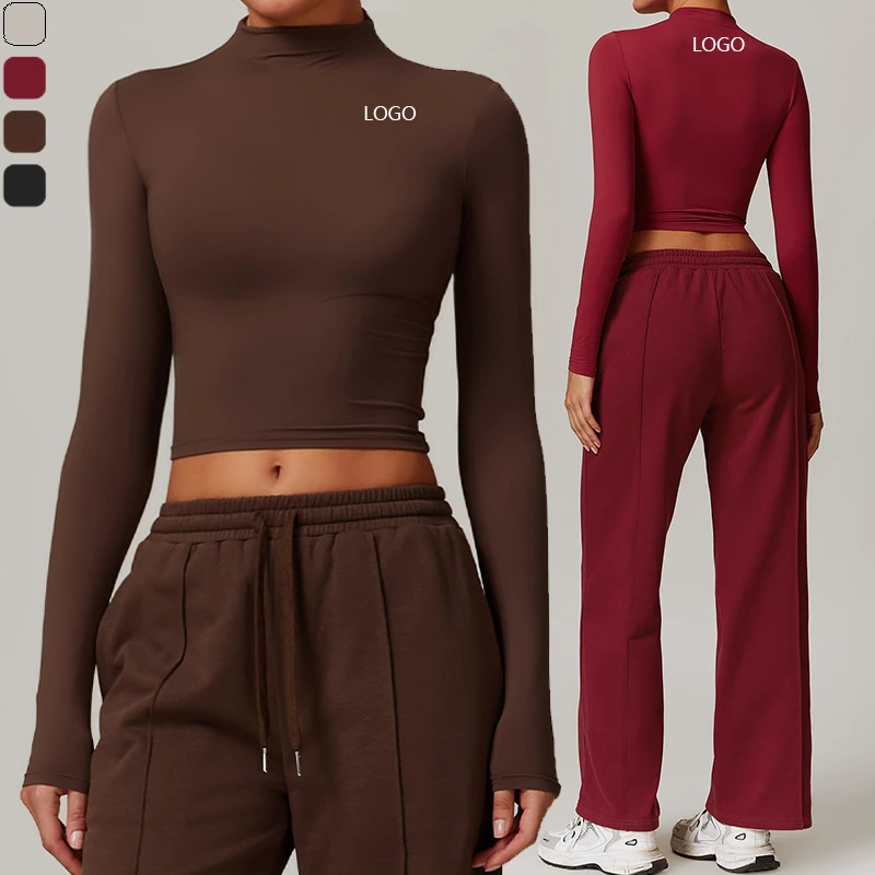 XW-DCX8933 Customized Product Slim Fit Long Sleeve High Collar Design Exposed Navel Sports Yoga Fitness Tops for Women