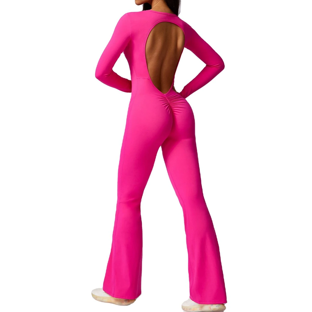 Open Back Flare Jumpsuit for Women Workout One Piece Yoga Set Long Sleeve Sexy Sports Suit Flare Yoga Set