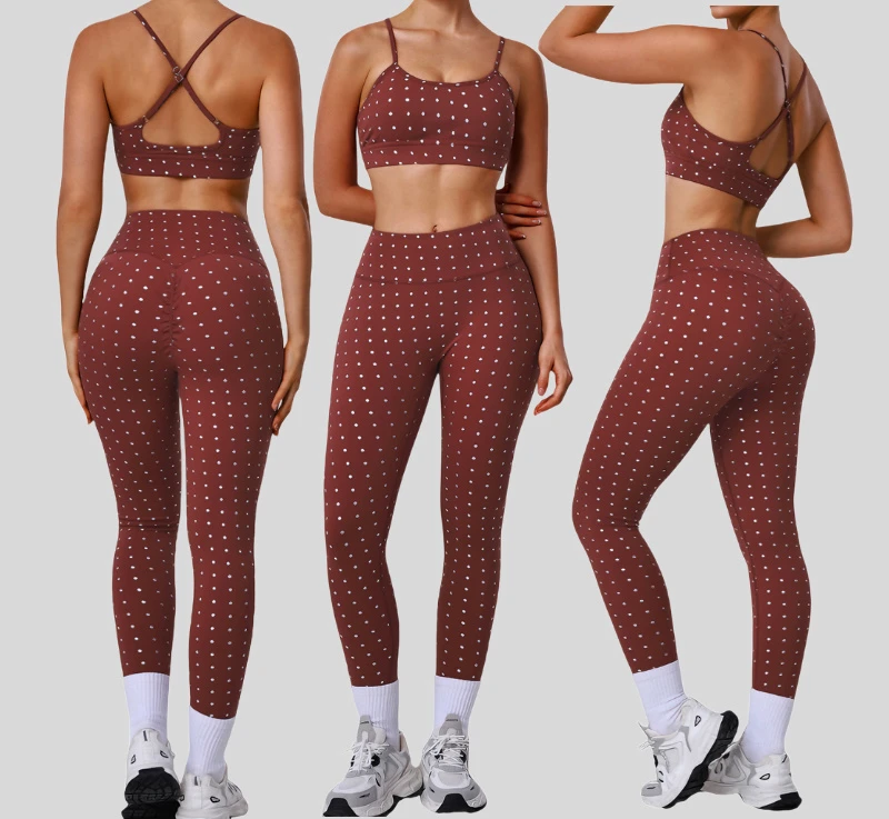Women's Reversible Breathable Silver Polka Dot High-Elastic High-Waisted Tummy Control Leggings Cross-Strap Lace-Up Back Sports