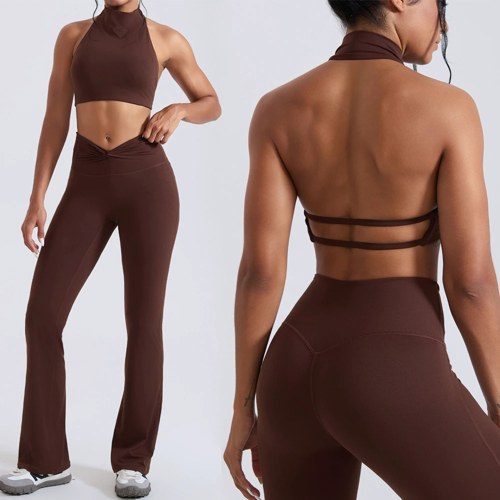 Bnice 5764 Custom Logo 2 Pieces Women Sportswear V Waist Flare Leggings Suit Active Wear Athletic Fitness Yoga Halter Bra Set