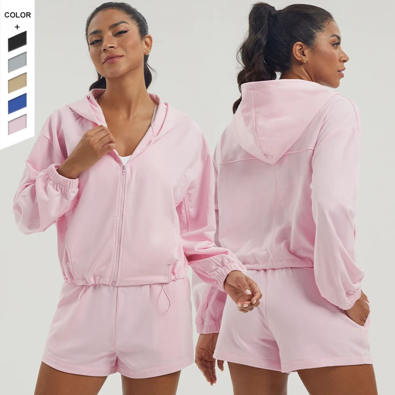 In Stock High Elasticity Casual Set Adjustable Drawstring Hem Top Side Pockets Shorts Sports Yoga Set