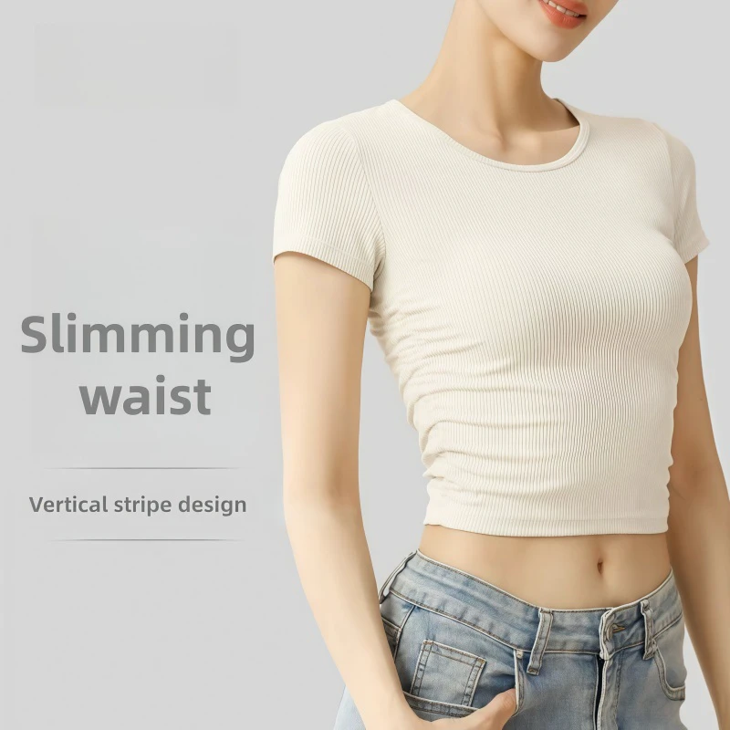 Striped Sports Short-Sleeve Slim Fit T-Shirt Womens New Breathable Fitness Summer Yoga Top