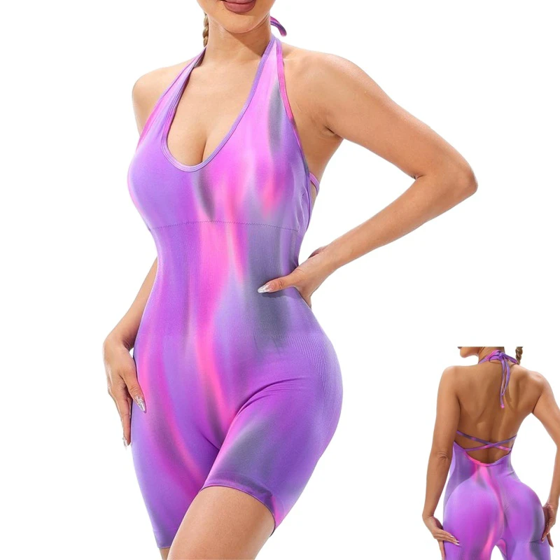Aoyema Low MOQ Women Tie Dye Onesie Sports Sexy Hang Neck Crossover Strap Back Quick Drying Breathable One Piece Yoga Jumpsuit