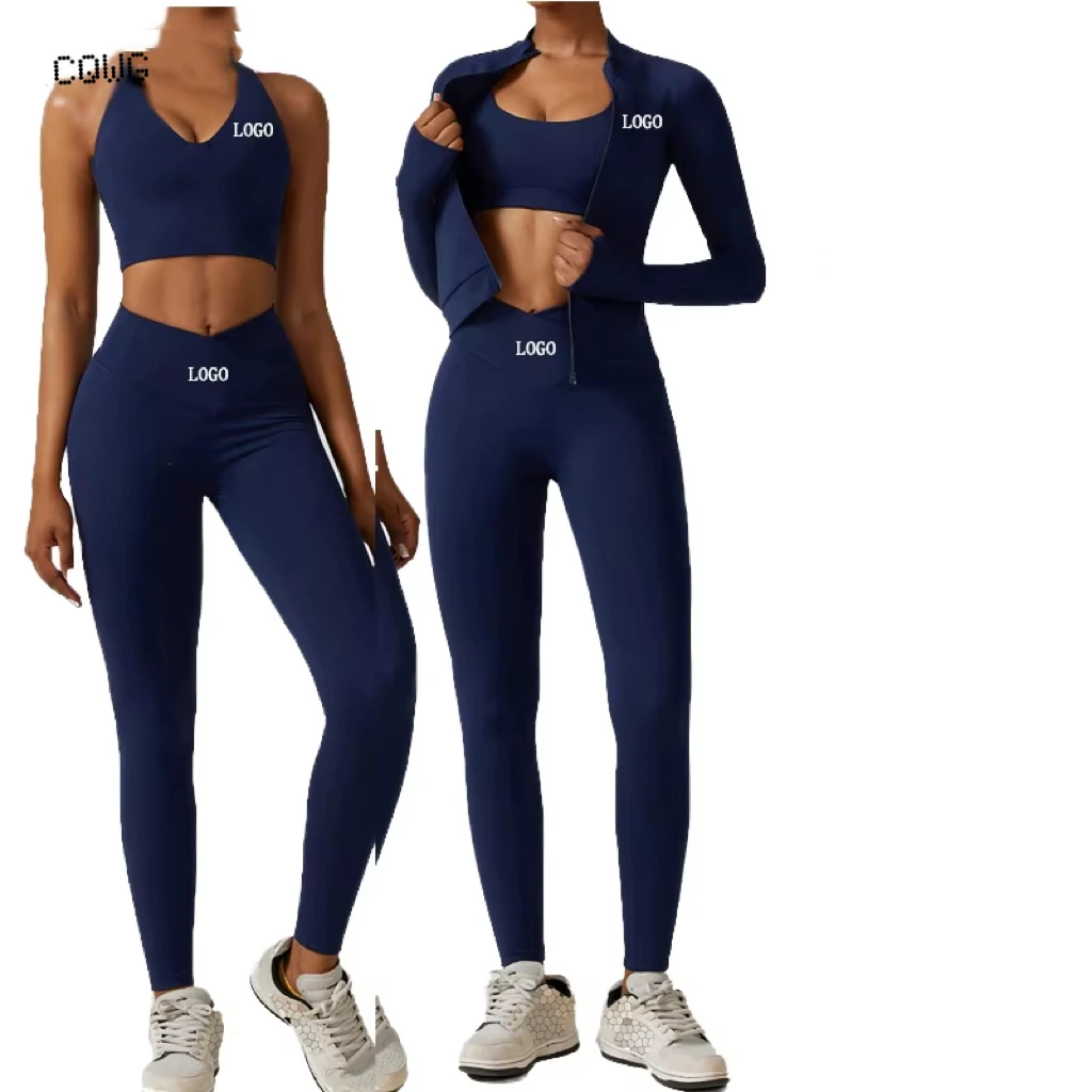 Women's Solid Gym Yoga Wear Set 3-Piece Workout Hoodie Sports Suit Seamless Long Sleeves Fitness Reversible Spandex/Nylon