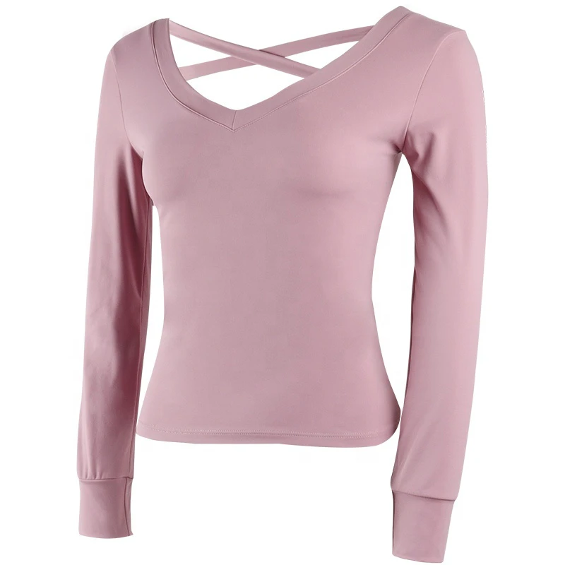Ladies Dry Fit OEM High Stretch Compression Deep V-Neck Long Sleeve Yoga Sports Fitness T Shirt With Back Strap Details