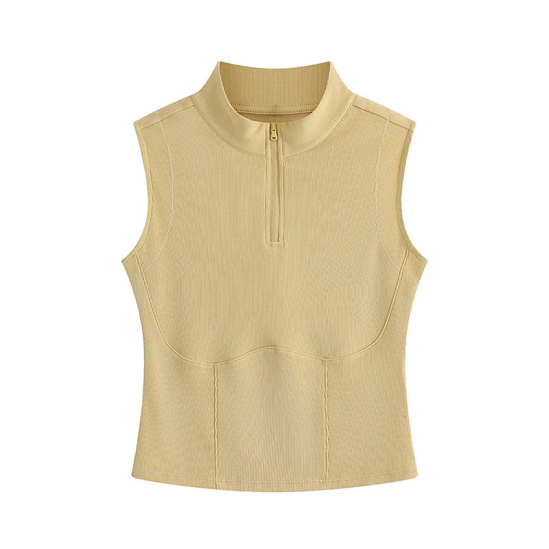 Women's Summer Knitted Cotton Zipper Stand Collar Ribbed Beautiful Back Sports Vest Stretch Sleeveless Inner Wear Yoga Top
