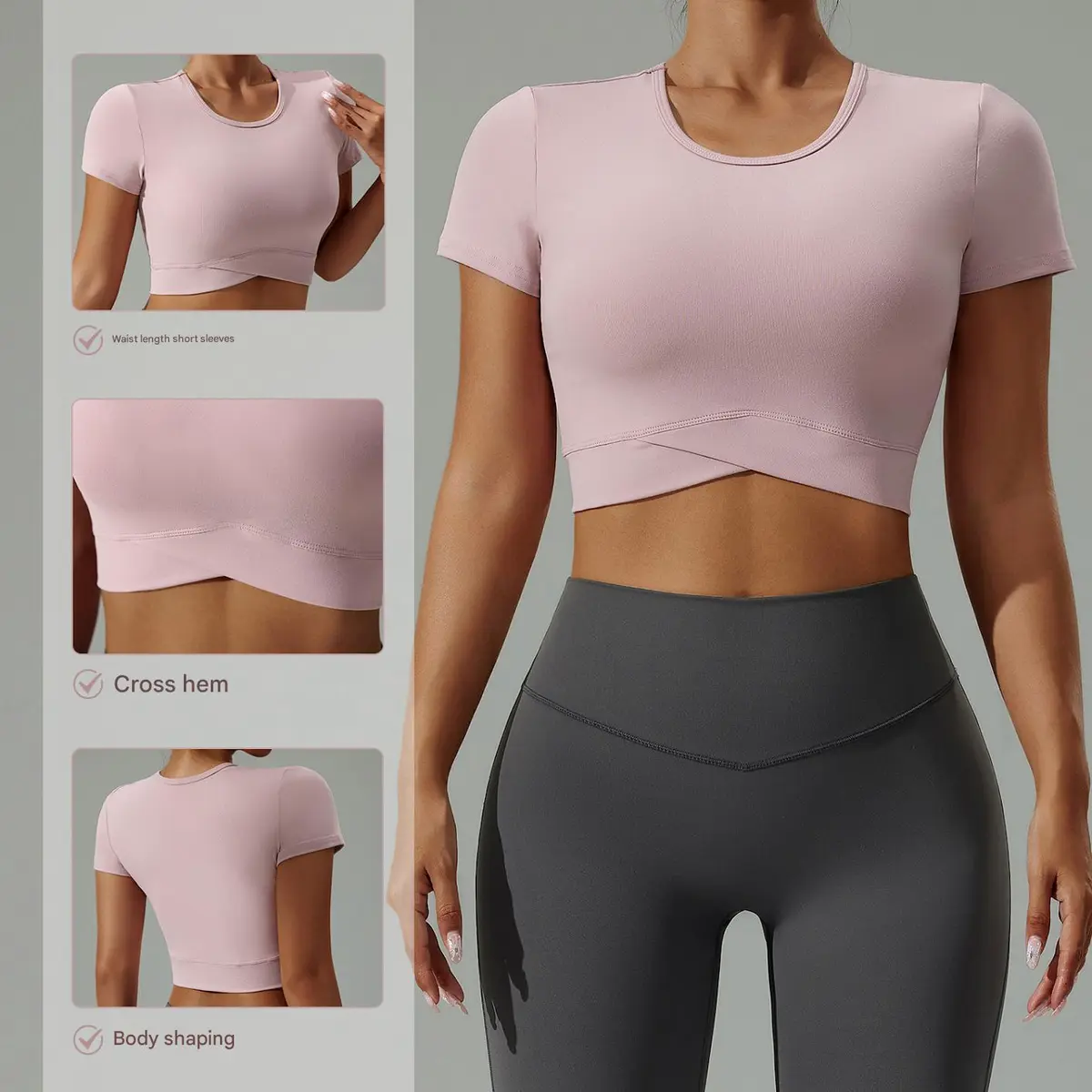MAYYOUNG Custom Summer Short Sleeve Yoga T Shirt for Women Sexy Crop Round Neck High Stretch Breathable Fitness Sports Top