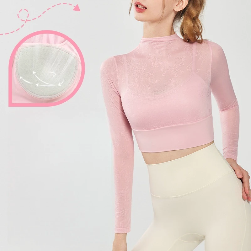 Factory Hot Sale Sexy Mesh Yoga Wears Long Sleeves Pad Running Fast Drying Sports Gym Clothes Top