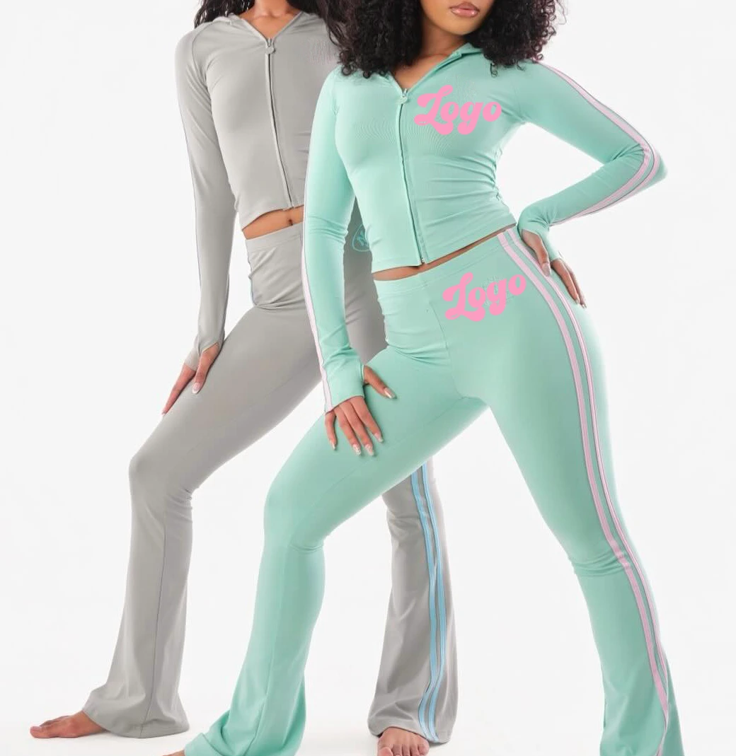 Custom Logo Yoga Women Sets Hoodies Zipper Jacket Leggings Skinny Trousers Fitness Nylon Spandex Stretchy 2 Pieces Tracksuit Set