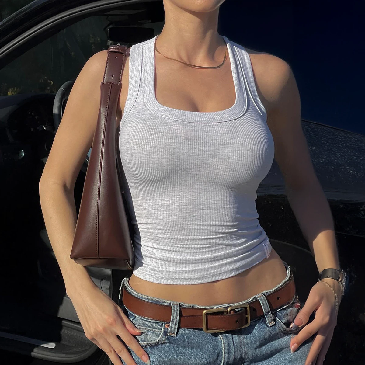 Custom Women's Sports Yoga Tank Top Square Collar Casual Neckline Sleeveless Rib Knit Vest with Personalized Logo