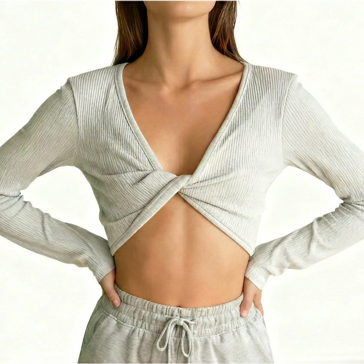 Women Breathable Ribbed Four-Way Stretch Long Sleeve Yoga Crop Top Deep V Neck Twist Front Knot Seamless T-shirt Gym Workout