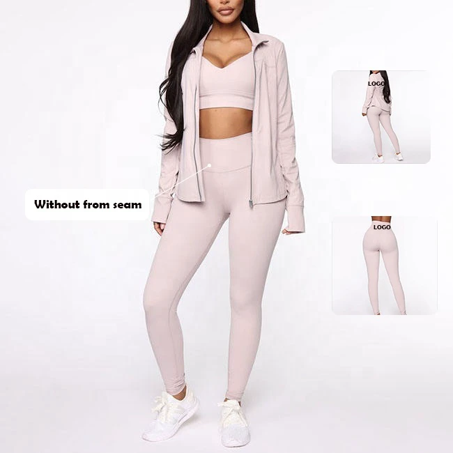 Hot Selling Women's Sports Yoga Wear Set Lilac Three-Piece Set Soft Fabric Seamless Sports Bra Leggings Yoga Jacket Solid