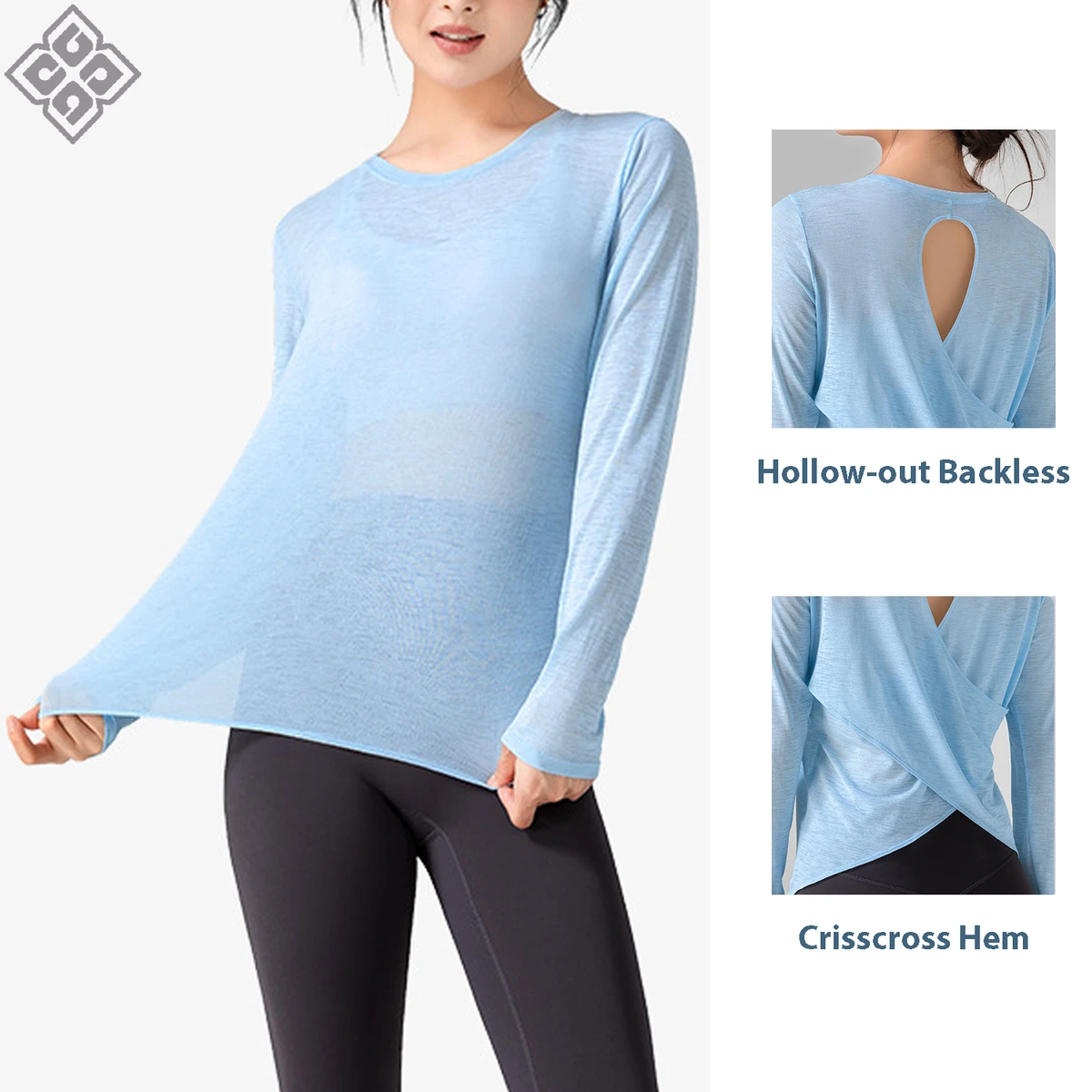 Women's Lightweight Long Sleeve Yoga Cover Up Summer Slub Yarn Breathable Mesh Hollow Back Design Workout Gym Sports Top