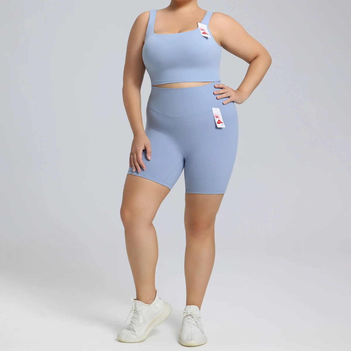 Women's Plus Size Leggings Off-the-Shoulder Sports Bra High-Waisted Yoga Shorts 2-Piece Set Breathable Quick Dry