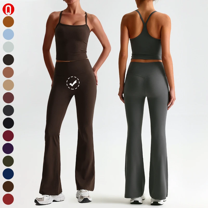 Hot Sale 2 Piece Sportswear Yoga Flared Leggings Suit Customize Workout Tank Top Active Wear Sets for Women