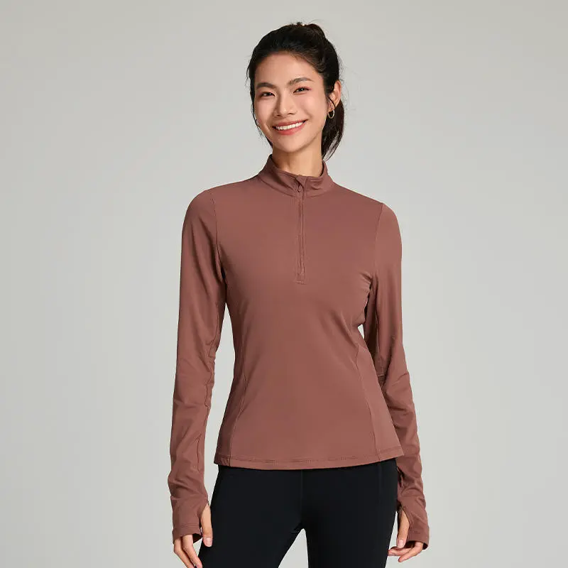 Women's Half Zipper Tight Sports Tops Gym Fitness Shirt Long Sleeve Breathable Soft Workout Wear Seamless Slim Fit Yoga Top