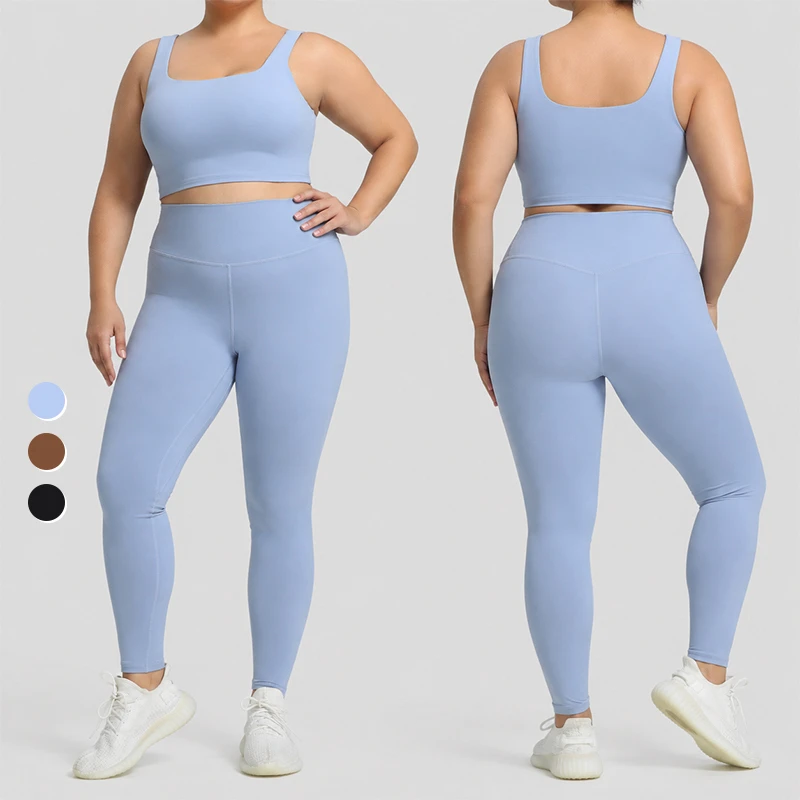 Plus Size Women Yoga Set High Elastic Naked Feel Brushed Matte Crop Top High Waist Leggings 2 Piece Gym Running Activewear