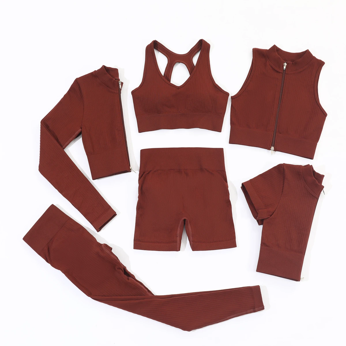 Women Yoga Sport Full 6 Pieces Sets Zipper Vest Long Sleeve Tops Gym Running Push up Training Fitness Tracksuits Sets