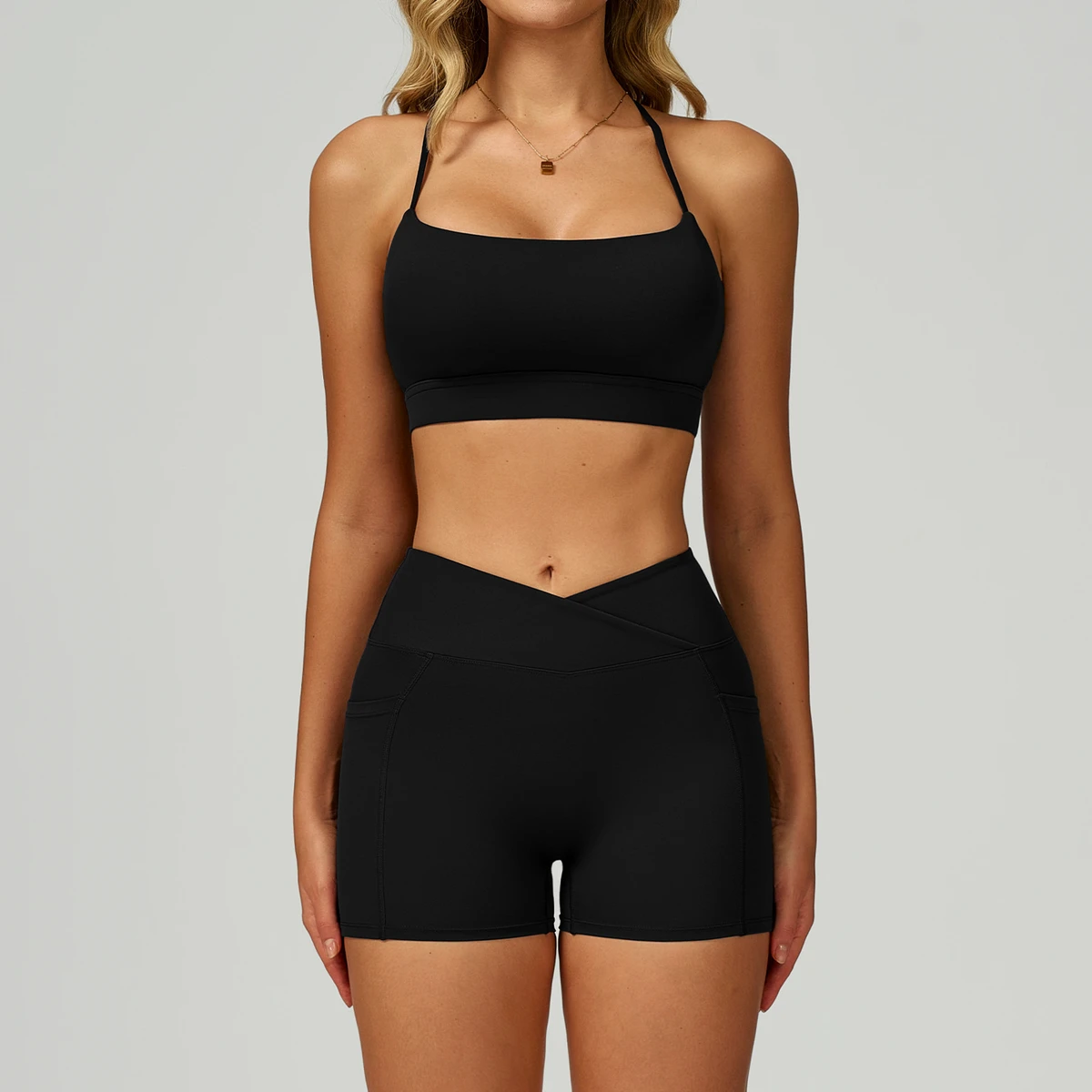 Lightweight Nylon Yoga 2-Piece Set Breathable Quick Dry Shockproof Tank Top Elastic Waist Sports Shorts Side Pocket Yoga Set