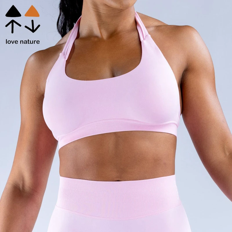 Custom Logo Womens Sportswear Backless Halter Neck Workout Bra High Elastic Fitness Top Seamless Yoga Sports Bra for Women