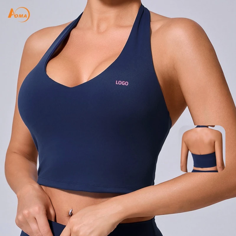 Aoyema Sportswear Women Shockproof Running Fitness Yoga Vest with Halter Neck Slimming Quick-drying Tight-fitting Sports Bra