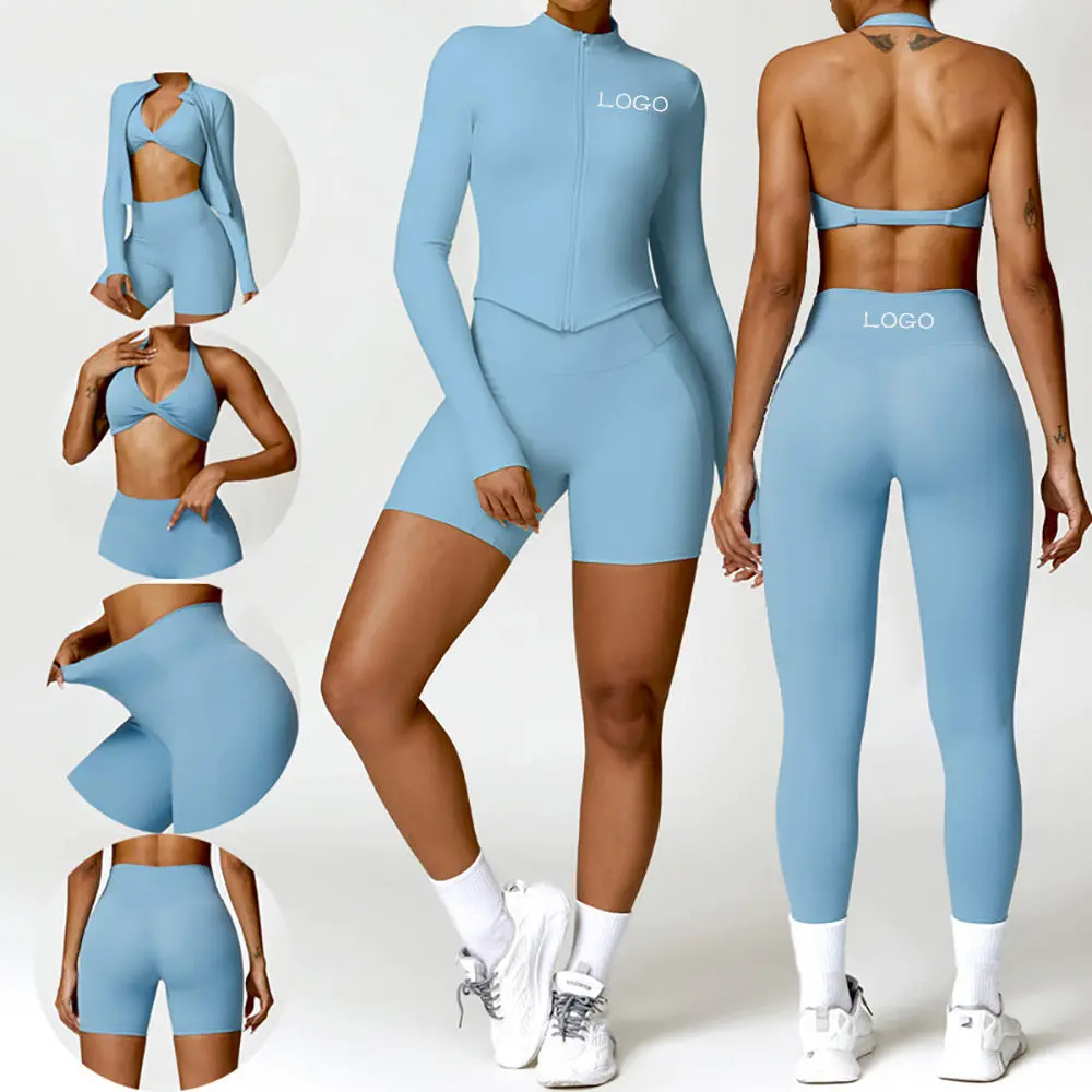 JoyYoung High Support Breathable Quick Dry Yoga Sports Bra Leggings & Hoodie 3-Piece Set for Women