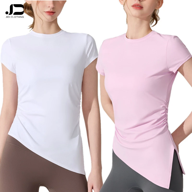 Female Breathable Slit Slim Sports Fitness Outdoor Pilates Training Short Sleeve T-shirt Top Female Yoga Clothes Custom Logo