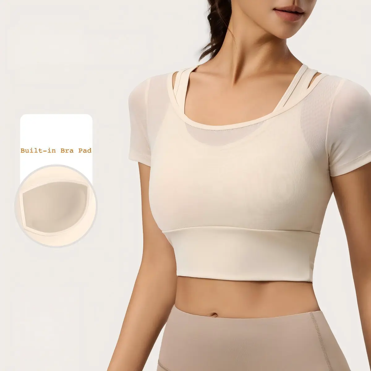 Wholesale Plus Size Women's Mesh 2 1 Built-in Bra Yoga Top Short Sleeve Crop Workout Shirt High Stretch Quick Dry Athletic
