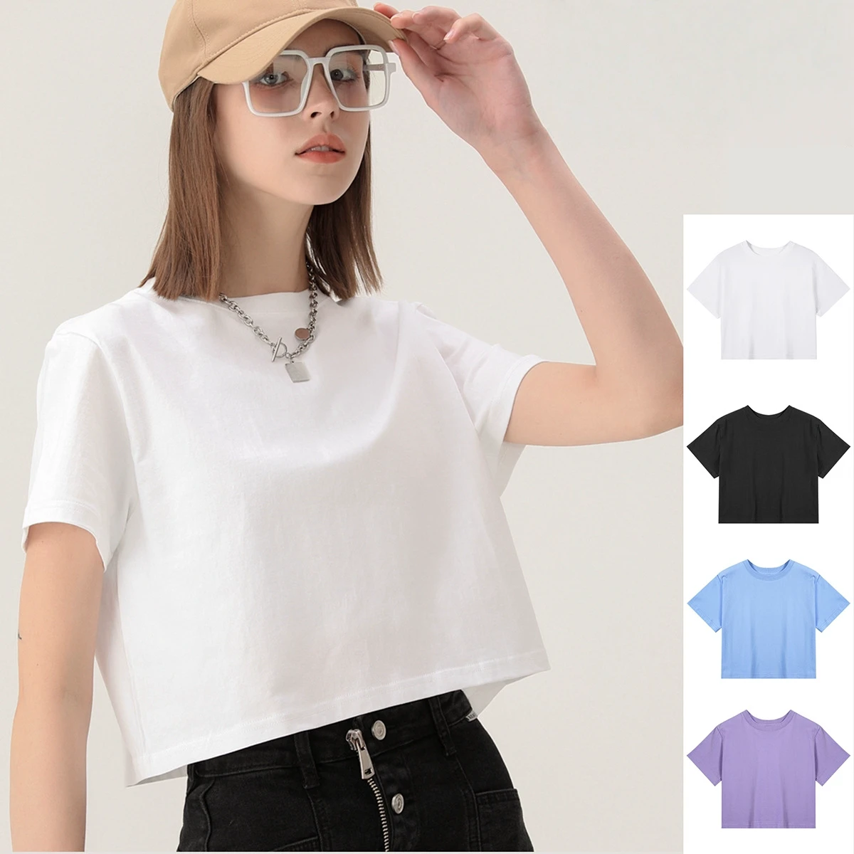Women's Summer Oversized Cotton Crop Tops Loose Fit Short Sleeves Embroidered Basic Athletic Yoga Running Gym Cropped T-Shirts