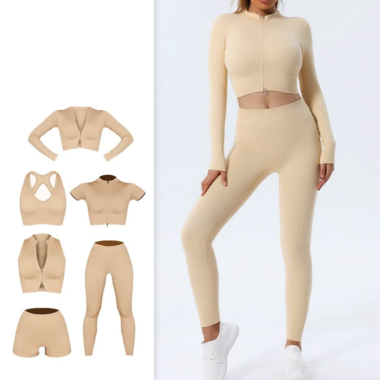 Popular Fall Winter Woman 1- 6 Piece Gym Fitness Seamless Ribbed Pinstrip Zip Crop Butt Lifting Leggings Yoga Athletic Wear Set