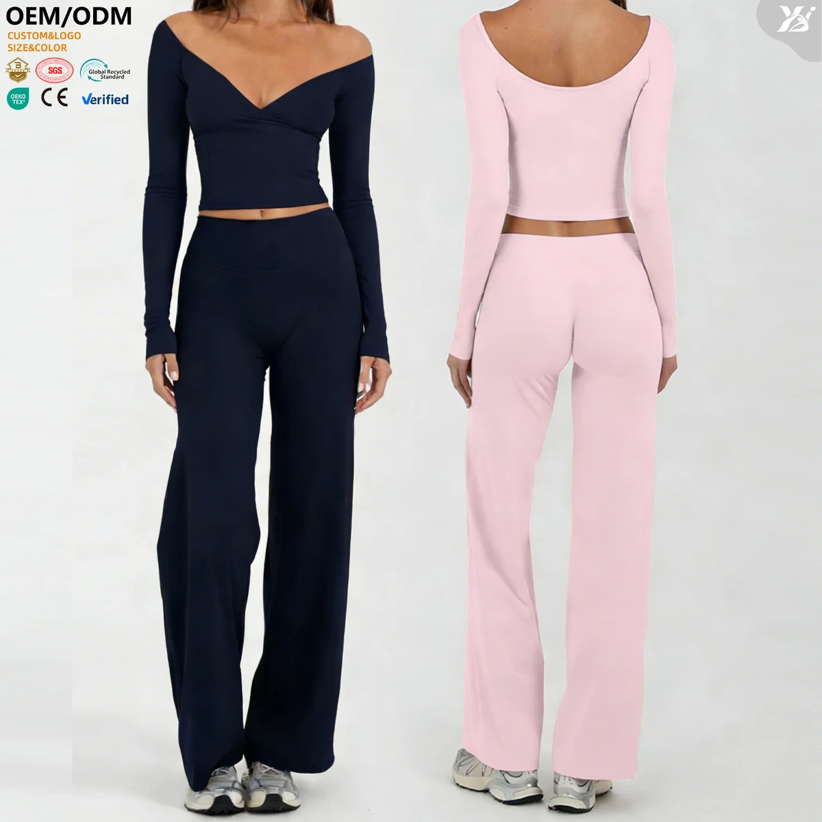 XW-ACX8002-2+ACK8002 Breathable Quick Dry Outfit Solid Gym Fitness Long Sleeve High Waist Wide Leg Pants Two Piece Yoga Set