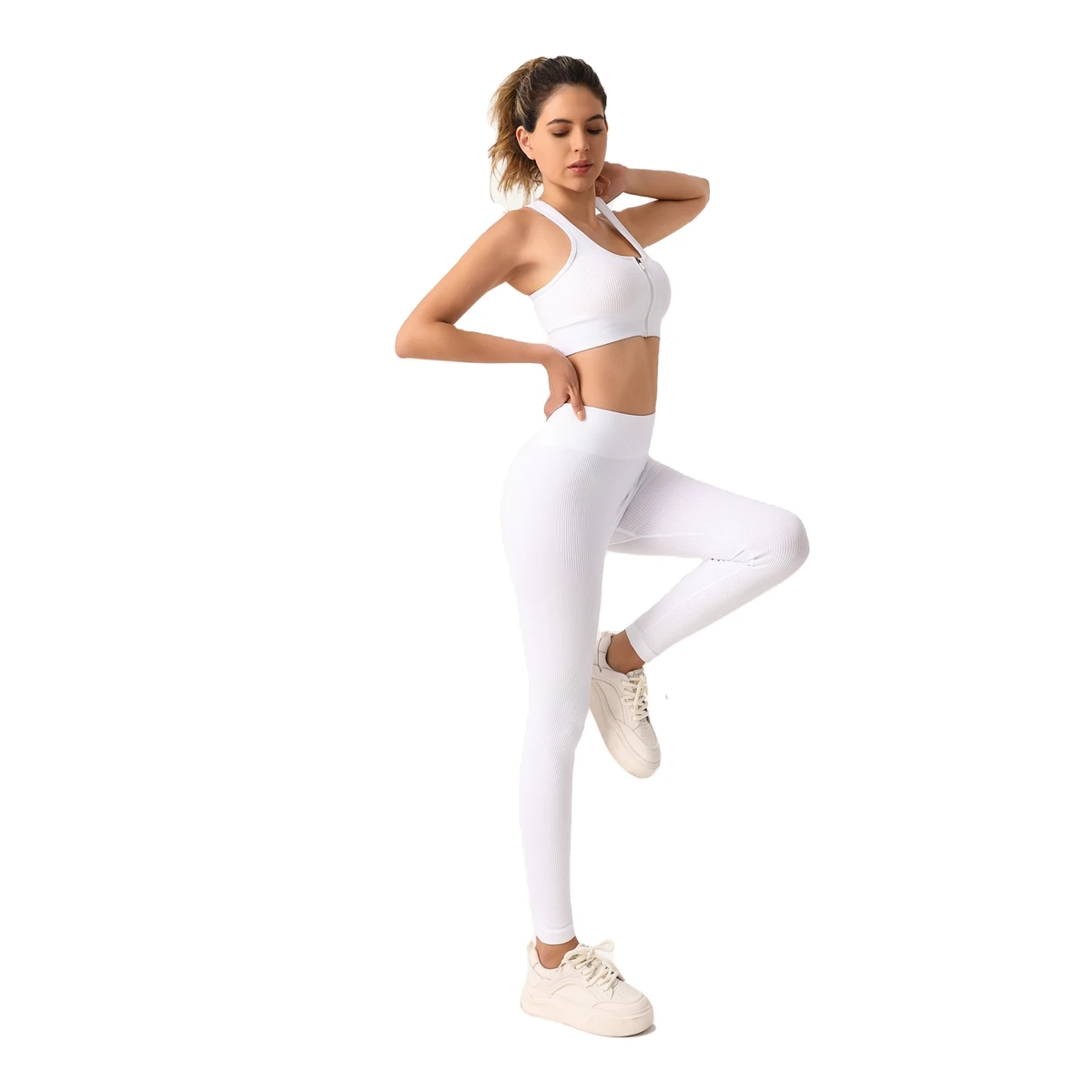 (Overseas Warehouse Shipping) 2026 New Arrival High Elastic Solid Color Yoga Set 3 Piece Slim Fit Quick Dry Elastic Waist