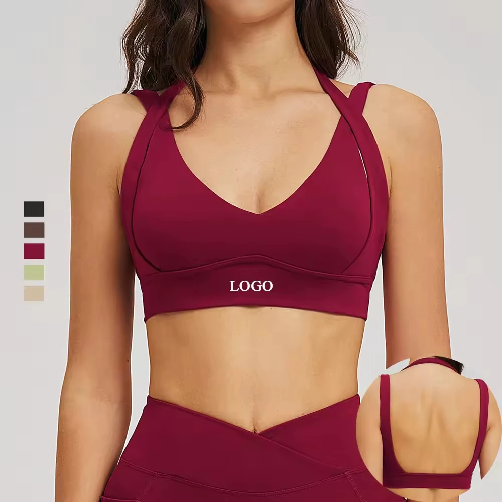 Custom Sustainable Recyclable High Elastic Halter Workout Yoga Bra Backless Nylon Spandex Naked Feel Breathable Gym Sports Bra