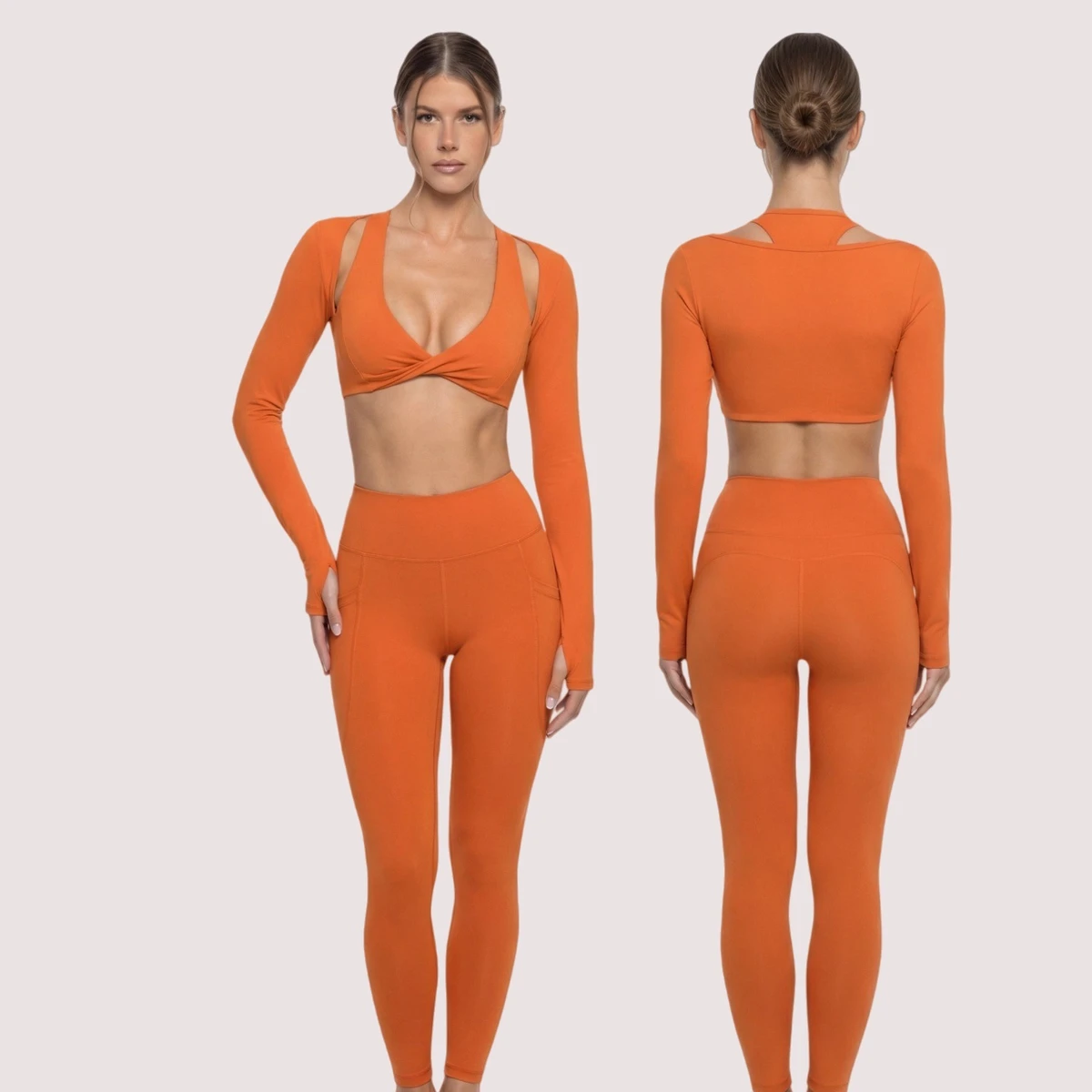 Ladies Twist Yoga Suit Long Sleeves Padded Crop Top High Waist Yoga Pants Gym Fitness Active Wear Set