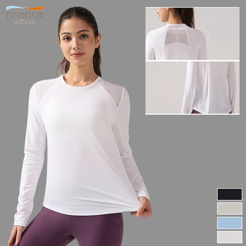 Women's Active Wear Quick Dry Casual Crew Neck Workout Sports Top Long Sleeve Gym Fitness Mesh Breathable Yoga Tops