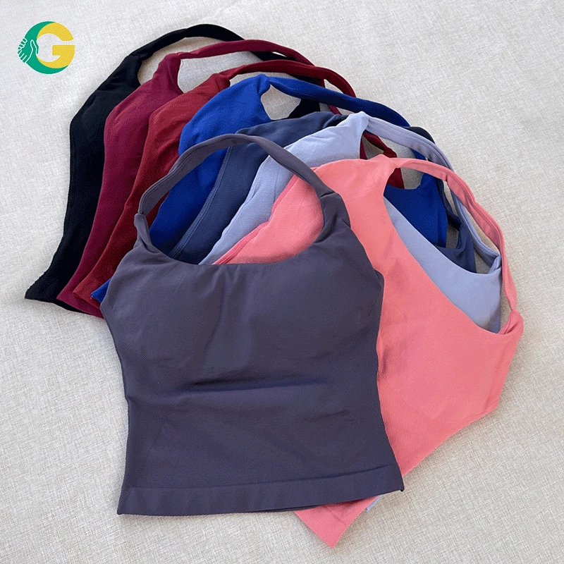 Seamless Halter Neck Sports Bra Open Back Hollow Out Lightweight Medium Support Lady Gym Fitness Workout Nylon Spandex Active