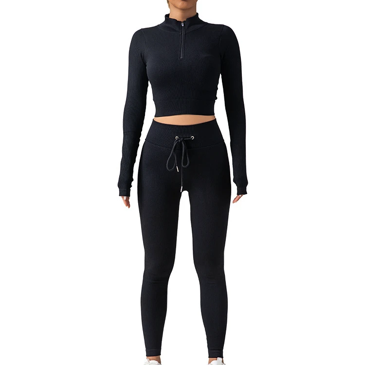 Solid Color Fashion Zipper Long Sleeve Drawstring Sports Slim Fit High Elastic Long Pants Two-Piece Yoga Set for Women