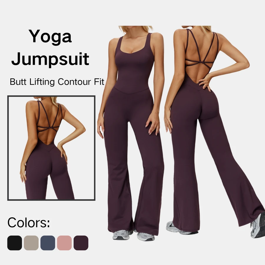 Yoga Women V Neck Backless Cross Strap Flare Leg One Piece Jumpsuit Yoga Workout Activewear Stretch Brushed Fabric Slim Fit