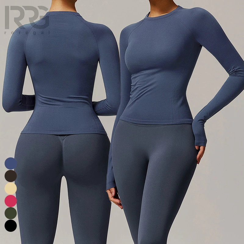 Roregal Women Round Neck Stretchy Long Sleeve T-shirt Slim Fit Seamless Knitted Fabric Yoga Tops Gym Fitness Workout Activewear