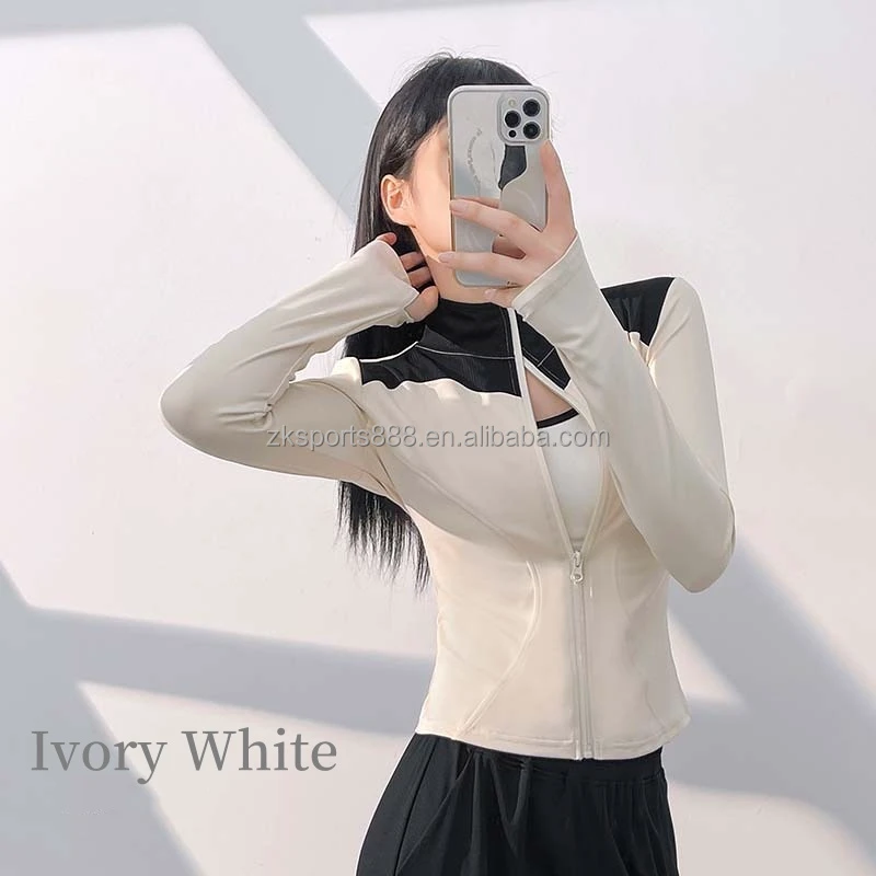Factory Sports Women Coat Stand Collar Slim Windproof Solid Skin Friendly Breathable Running Yoga Jacket Top with Zipper