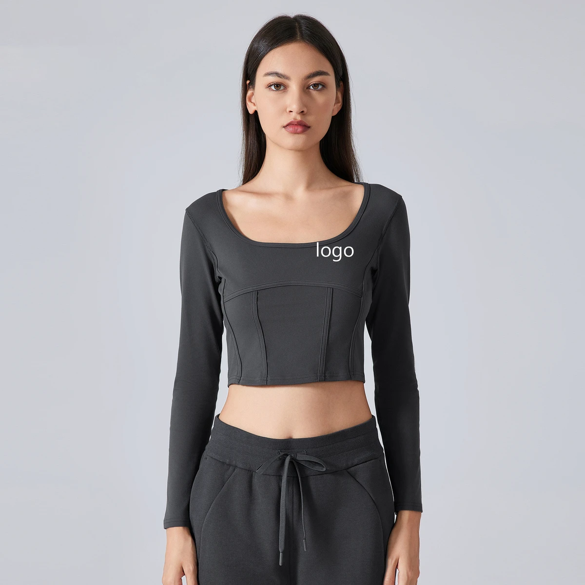 Women's Quick-Drying Long-Sleeved Yoga Top with Elastic Square Neck Customizable Logo Breathable Nude Fitness Shirt-Wholesale