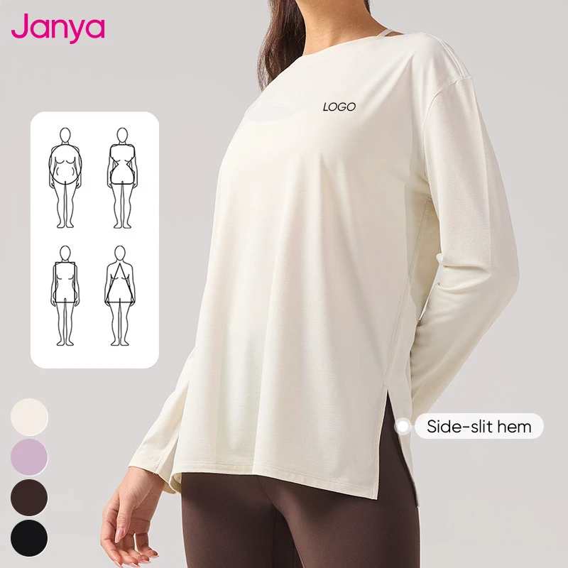Janya 2026 Nude Feel Soft Elastic Breathable Sports Wear Boat Collar Long Sleeve Fitness Gym Clothing Loose Yoga Shirt for Women