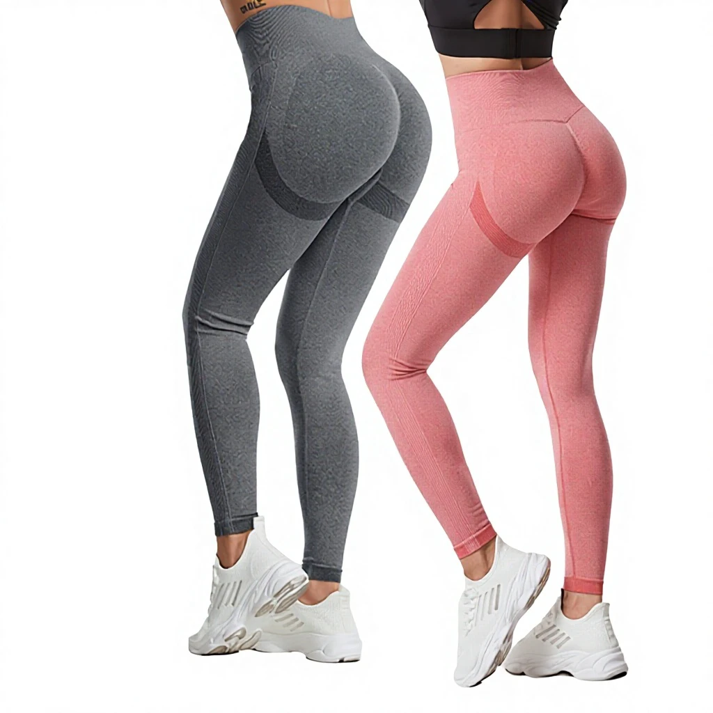 Peach Solid Textured Ribbed Seamless High Waist Full Length Breathable Polyester/Nylon Yoga Pants for Women