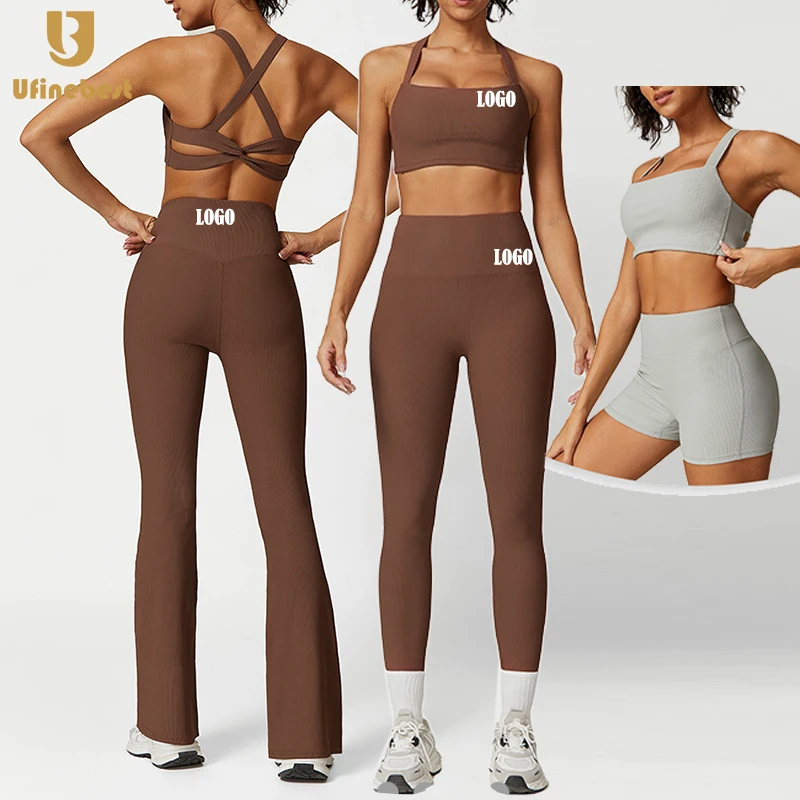 6 Piece Custom High Quality Gym Fitness Sets Solid Pattern Sport Bra Yoga Jacket Crop Top Flare Pants Shirts-Plus Size Options