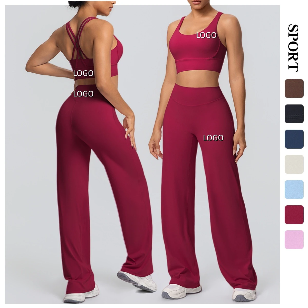 Custom LOGO Sexy Cross Back Sports Bra Set High Waist Straight Tube Wide Leg Yoga Suit Quick Drying Fitness Suit