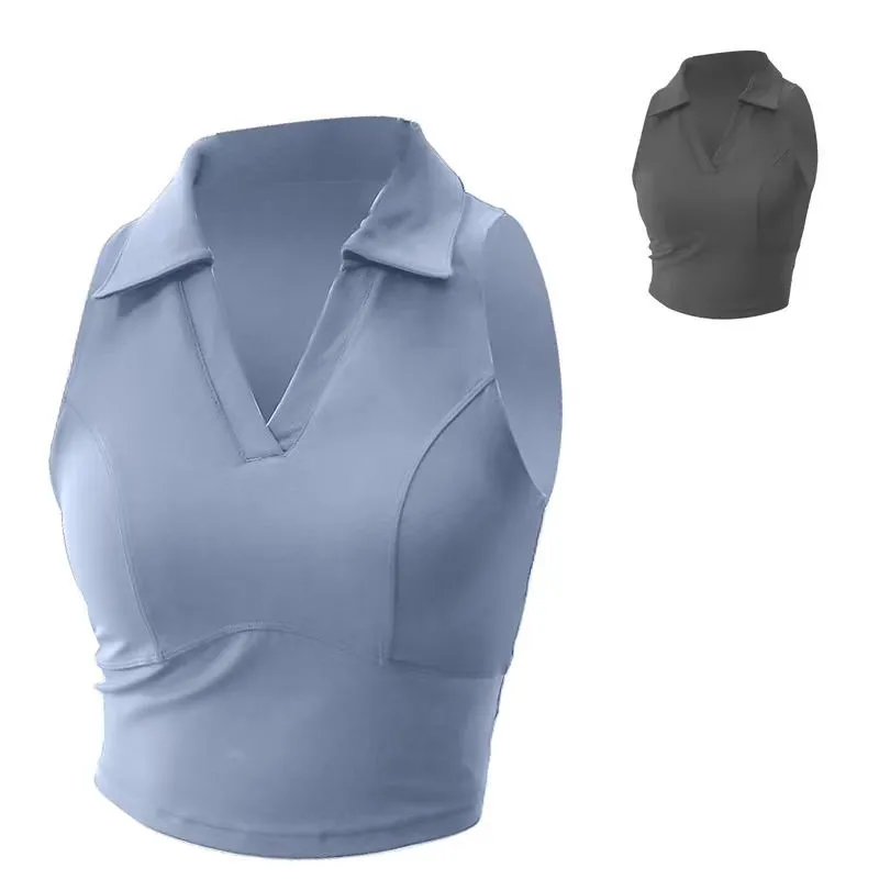 Women's Breathable High-Strength Shockproof Fitness Yoga Sportswear V-neck Polo Collar Bra Vest Outerwear Top