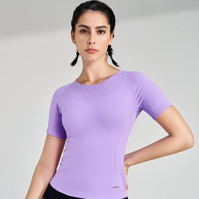 Women's Nylon Spandex 4-Way Stretch Quick Dry Seamless T-Shirt for Yoga Pilates Gym-Breathable and Comfortable